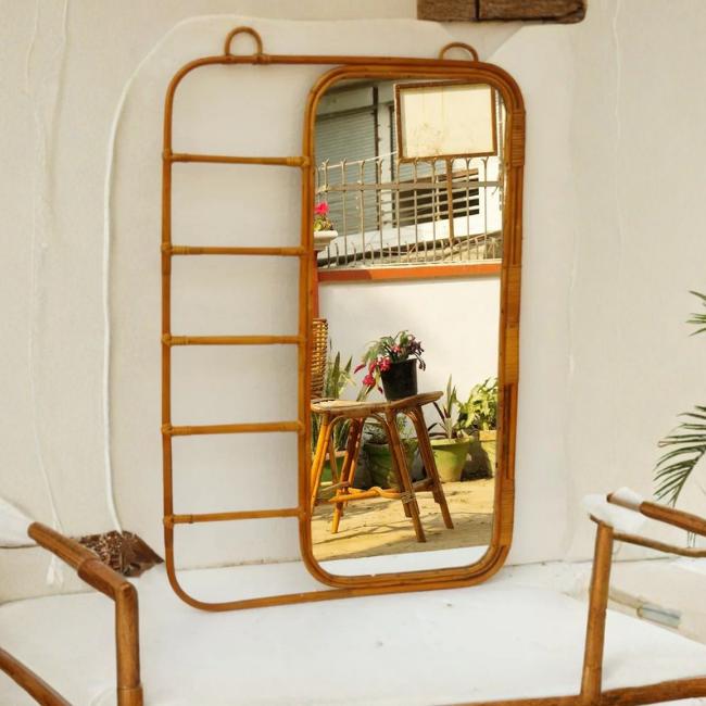 Handmade Rattan Wall Decor Ladder Mirror Frame Beige