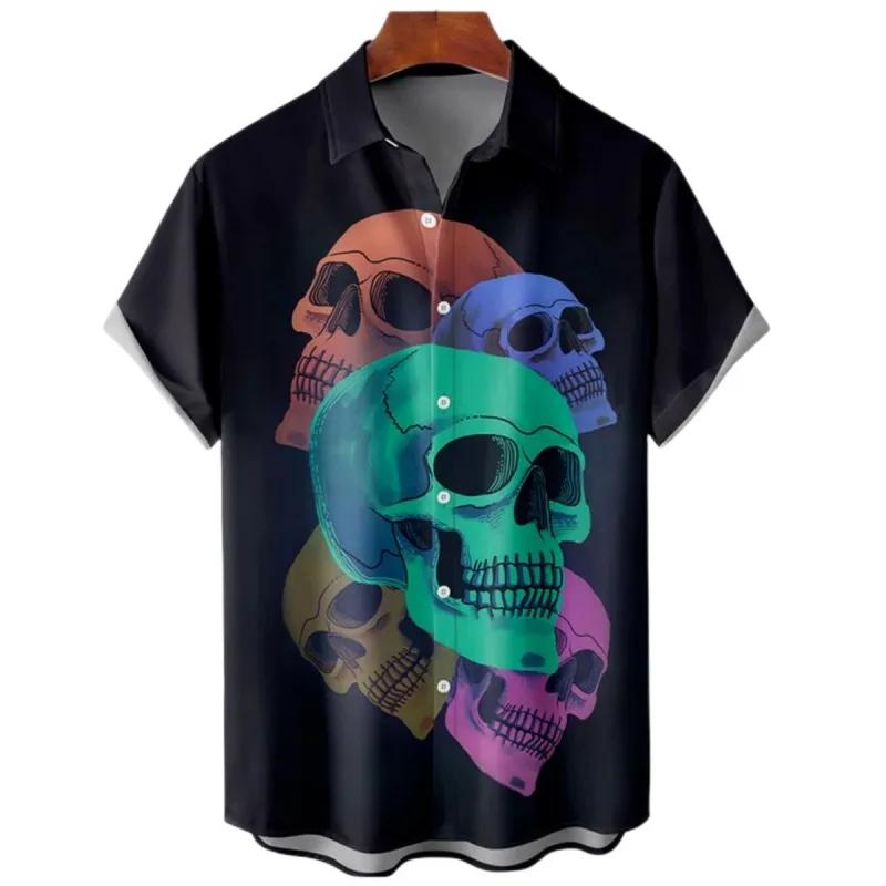 Fashion Skull Halloween Print Men's Shirt Street Trend Harajuku Lapel Top Hip Hop Punk Style Oversized Shirt Casual Short Sleeve