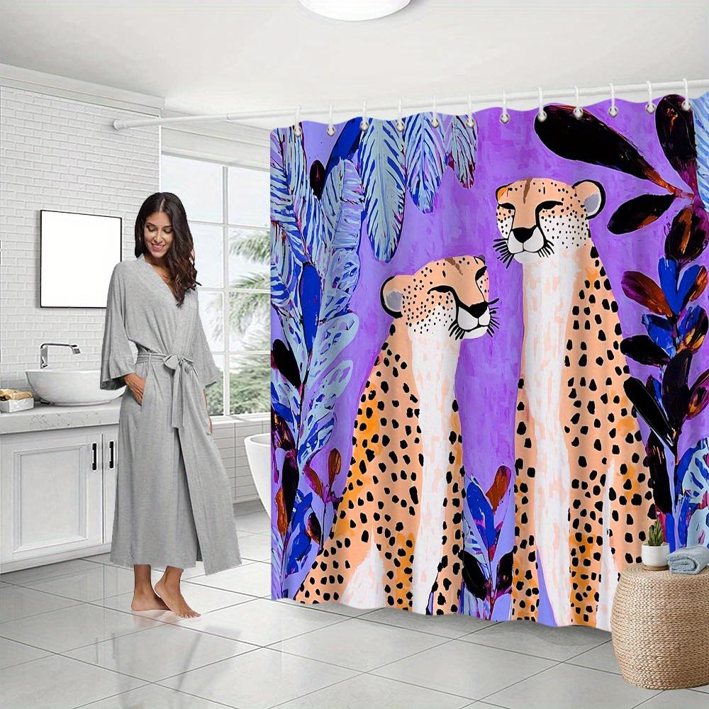 Cheetah Shower Curtain – Two Cheetahs In Love, Purple Blue Foliage Art, 70.8X70.8In, Fade-Resistant, Includes Hooks