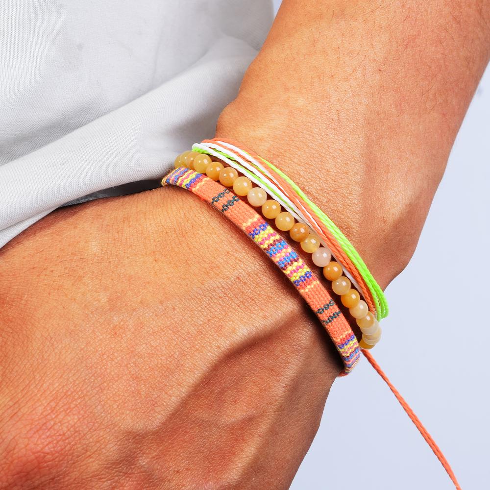 3pcs/set Men's Braided Bracelet Set, Natural Stone Couple's Bracelet, Bohemian Ethnic Cotton and Linen Hand-woven Bracelet