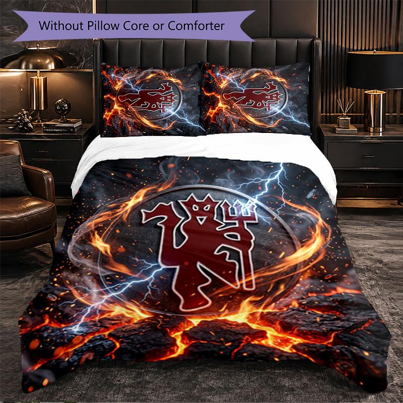 Juego de Cama de 3 Piezas con Patrón del Manchester United Suave Microfibra Funda Nórdica con Fundas de Almohada para Dormitorio
