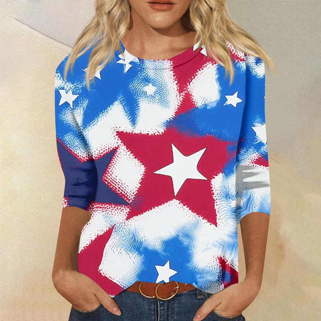 Women's Fashion Casual Seven-Sleeve Independence Day Print Round Neck Top