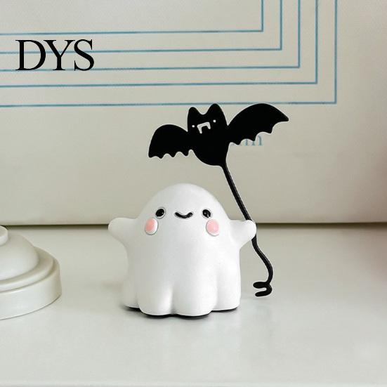 Cute Resin Ghost Statue Walking Dog Figurine, Holding Bat Balloon Statue, Spooky Halloween Room Decor Desktop Decor, Mini Stable Base Tabletop