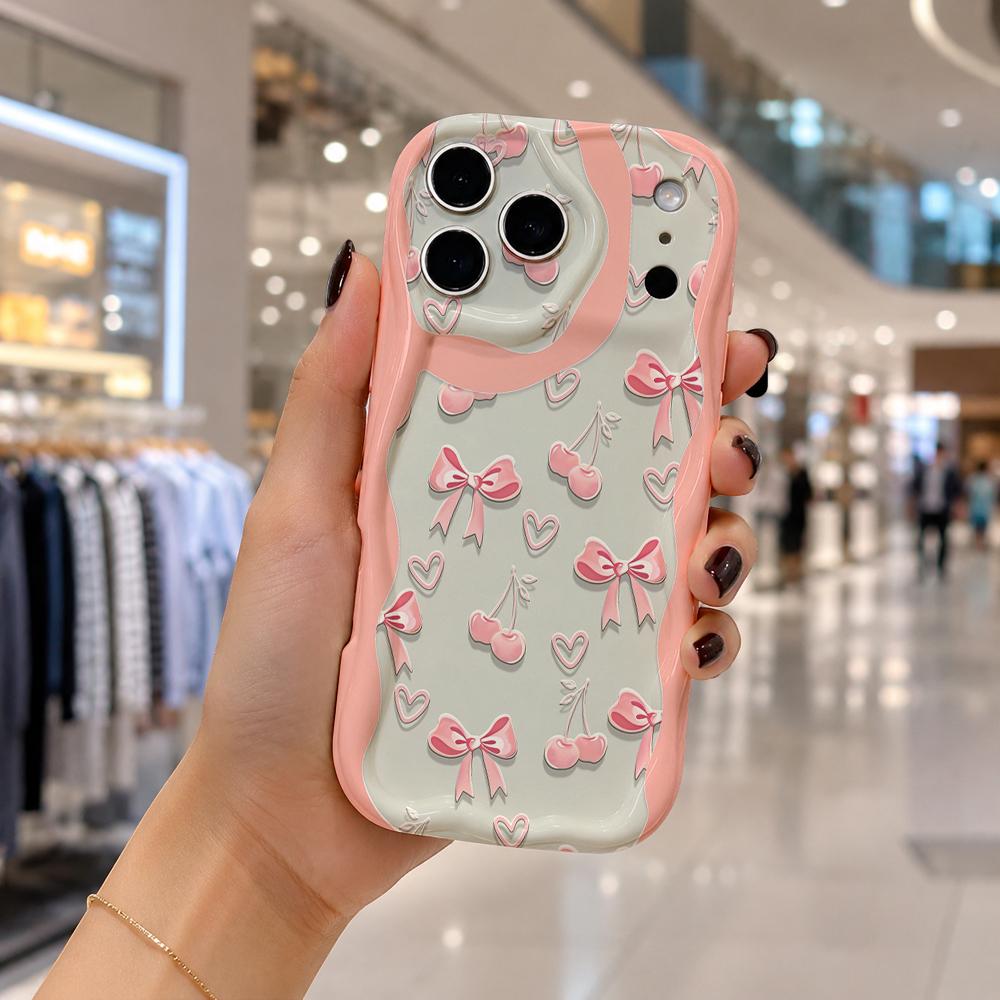 Pink Bow Cherry Heart Contrast Phone Case for iPhone 17 16 15 14 13 12 11 Pro Max Plus Wavy Edge Cute Cover