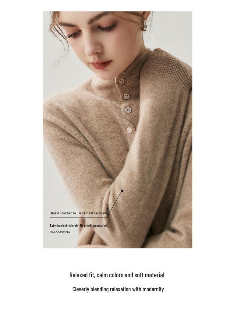 Damen Kaschmir Pullover mit gerolltem Rand, halbem Stehkragen - Minimalistisch, Lockerer Schnitt, Figurschmeichelnder Langarm.