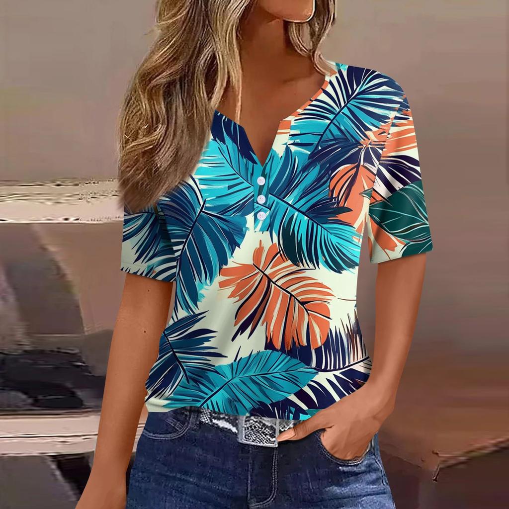 Women's T Shirt Print Button Short Sleeve Daily Weekend Fashion Basic V- Neck Regular Top