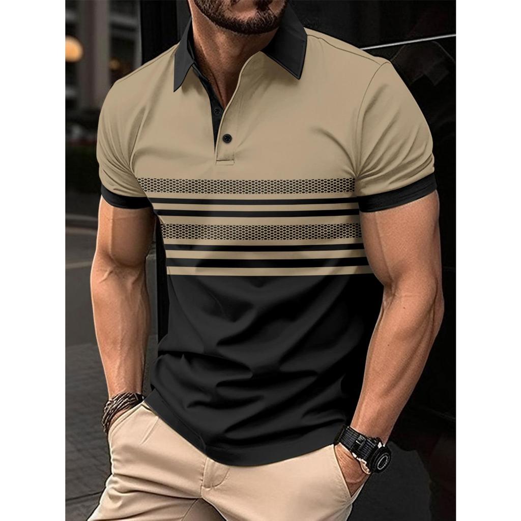 Summer New Men's Daily Sports Casual Stripe Printed Lapel Short Sleeve Pullover Shirt