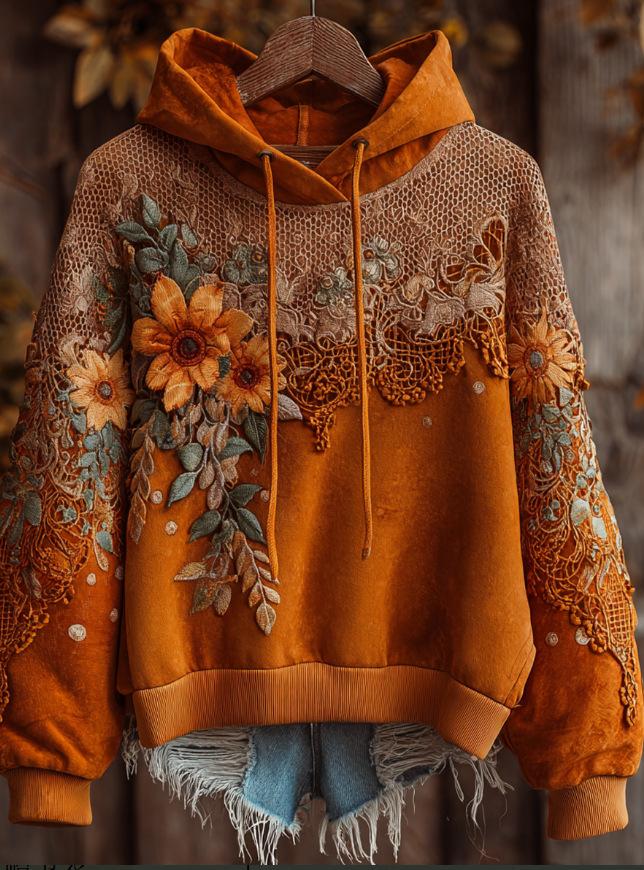 Women's Hooded Long Sleeve Sweatshirt Regular Fit Vintage Style 3D Digital Printed Thick Pullover Hoodie Bohemian Winter Casual Top