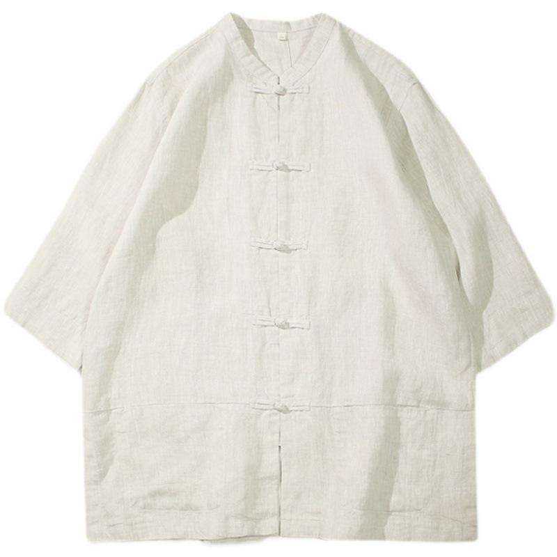 Men's Tang Suit Linen Shirt Jacket - Summer 5-Point Sleeve Button-Up