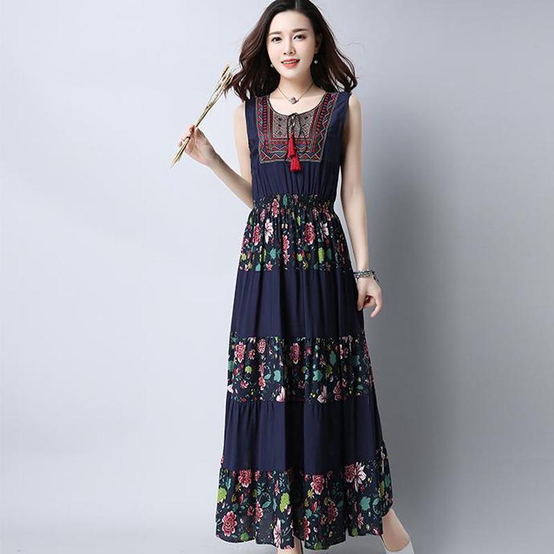 

Summer Fashion Women Folk Style Cotton Linen Dress Embroidered Maxi Sleeveless L синій