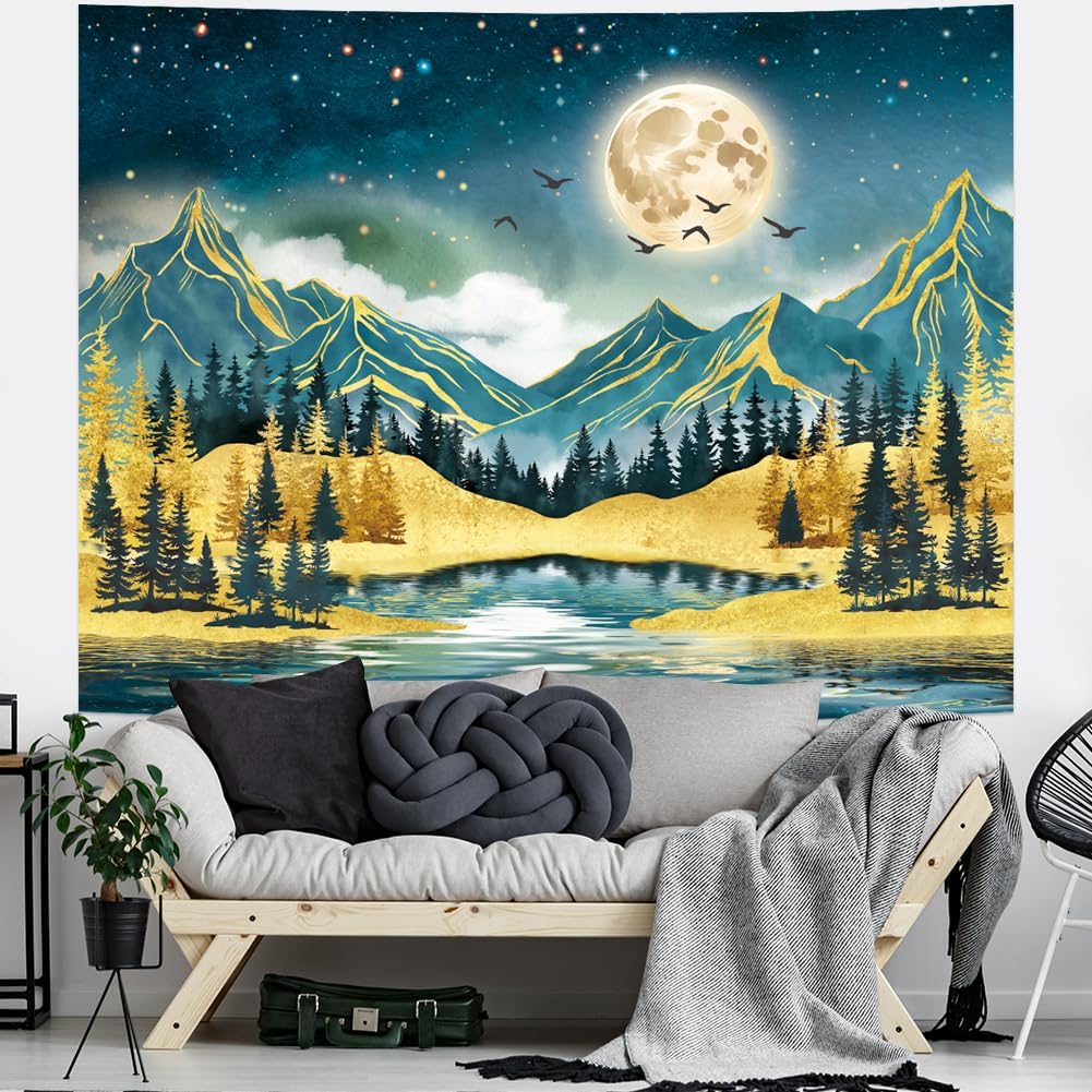 Watercolor Mountain Tapestry Starry Moon Night Tapestries Forest Trees Wall Tapestry Aesthetic Nature Landscape Wall Hanging