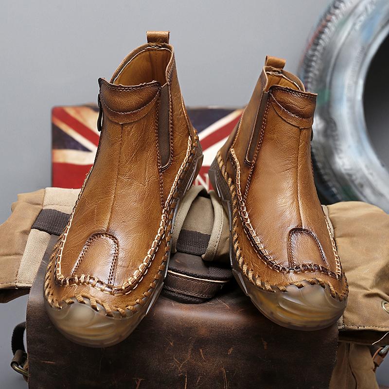 TUINANLE Hand-stitching Leather Men Boots Casual Leather Shoes Men Ankle Boots Zipper Shoes