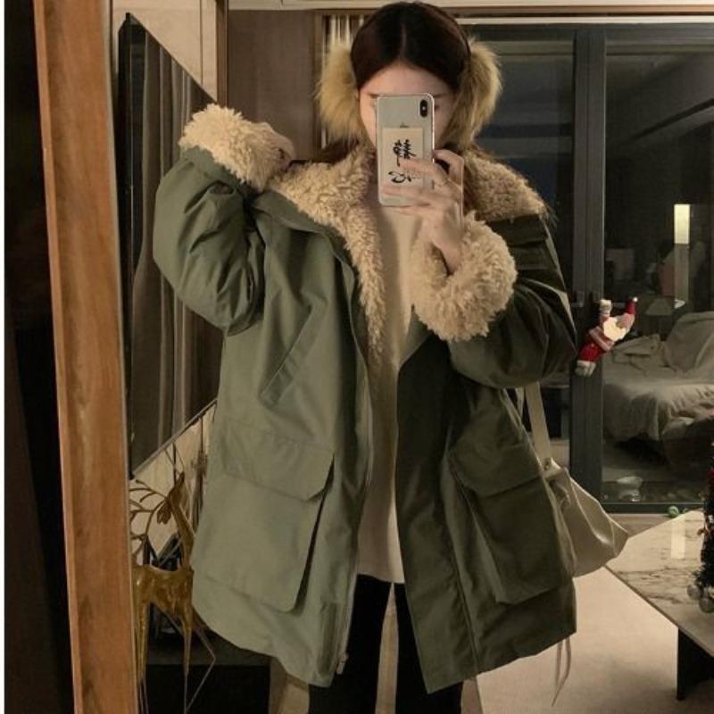 

Флисовая утолщенная хлопковая одежда женская зимняя куртка в стиле милитари свободная и с чувством стиля повседневная куртка из искусственного меха ягненка L recommends 125-75 kg армия зеленый