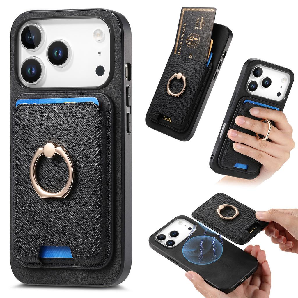 For iPhone 17 Pro Magnetic Case Detachable Card Bag Leather Back Cover with Kickstand