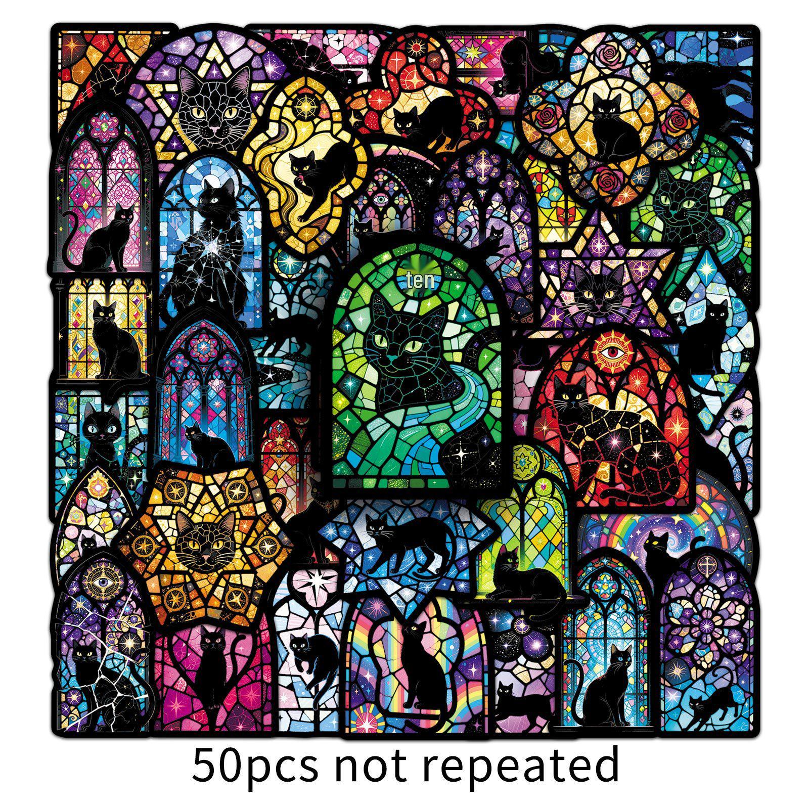 50 Dark Gothic Cat Stickers: Black Border, Stained Glass Style, Waterproof Decorative Stickers