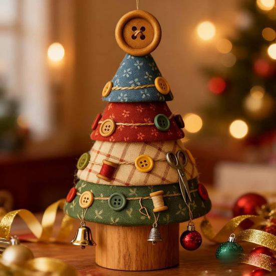 Fabric Christmas Tree Figurine Handmade Multi-Layer Xmas Tree Ornament with Buttons Scissors And Star Topper Holiday DIY Patchwork Craft for