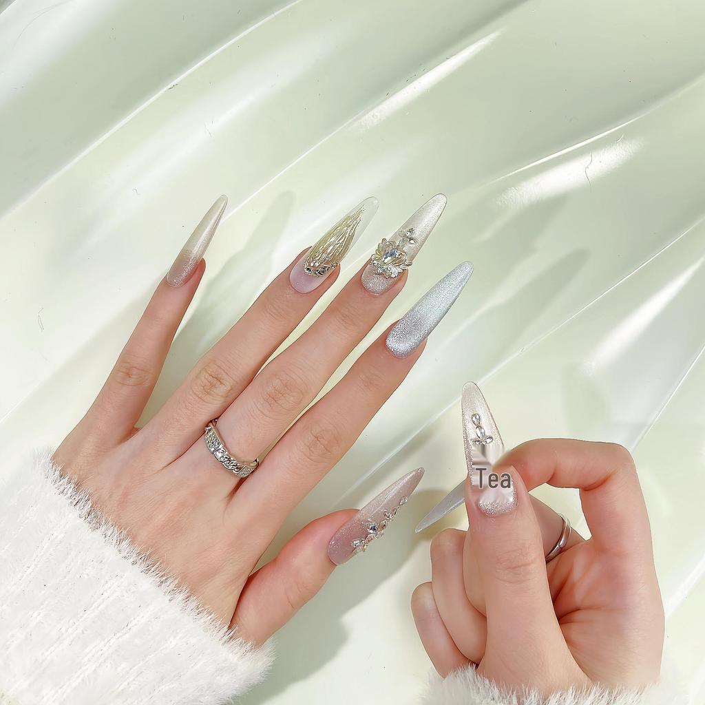 Handmade Luxury Cat Eye Diamond Gradient Champagne Party Nail Art Tips