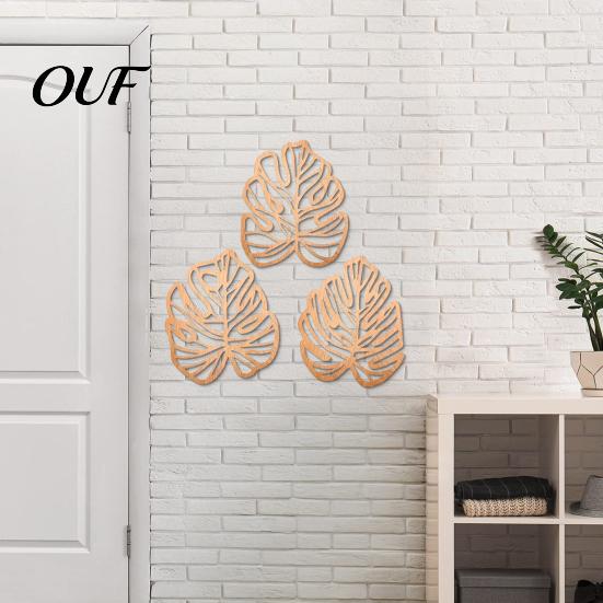 Bedroom Wall Hanging Decor 3Pcs Hollow Monstera Leaf Decoration, Wooden Tropical Art Plaque, Decorative Natural Style Accents Sculpture with Hook for