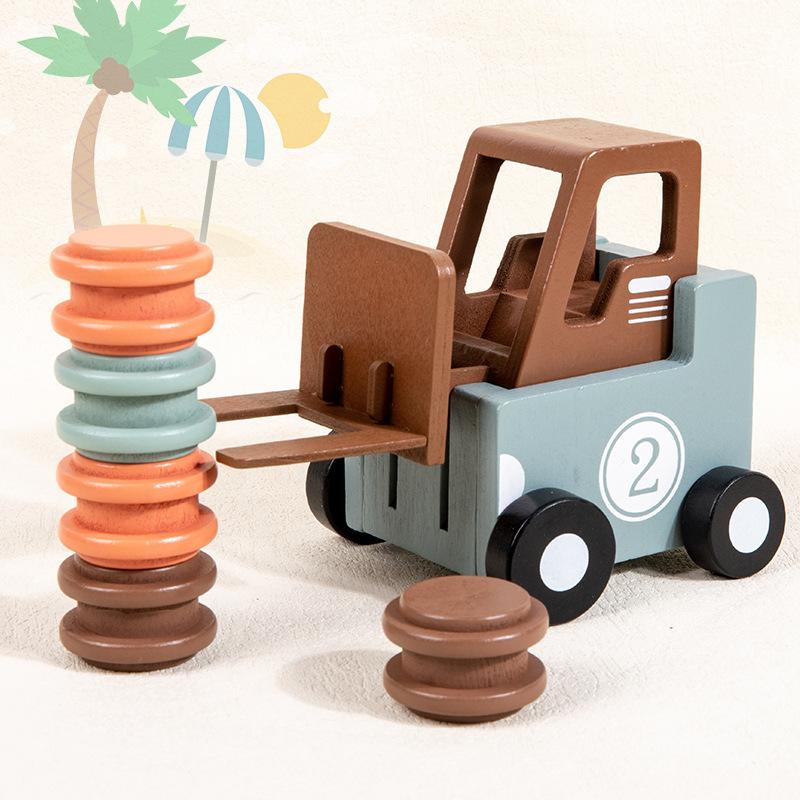 Baby Simulation Engineering Forklift Building Block Stack Music Cognitive Card Battle Board Game Wooden Educational Toy