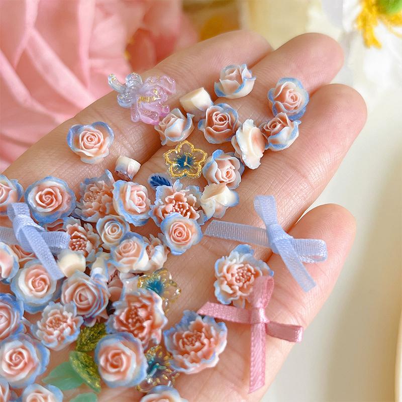 100Pcs Diy Nail Art Decor 3D Blue Pink Roses Garden Nail Drill Mixed Pearl Fabric Butterfly Knot Leaf Manicure Diamond Accessory