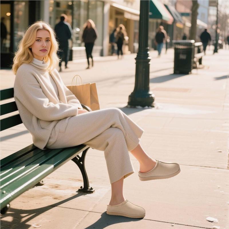 Fashion Smile Damtofflor i äkta mocka, mjuka och fluffiga hustofflor för inomhus- och utomhusbruk, varma vintertofflor med memory foam och foder i fuskpäls