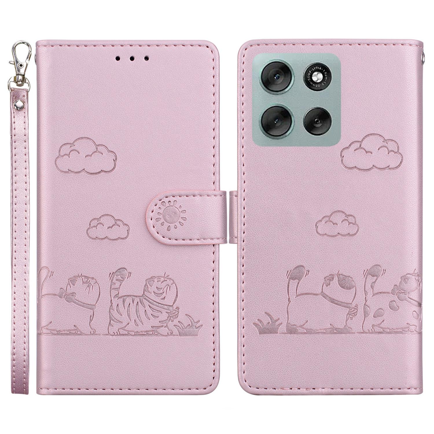 

For Motorola Moto G56 5G Case RFID Blocking Kitten Pattern TPU+PU Leather Phone Cover with Wrist Strap Pink