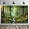 Serene Sunlit Forest Tapestry, Misty Woodland with Spotted Deer, Ferns and a Gentle Stream, Calming Nature Wall Art