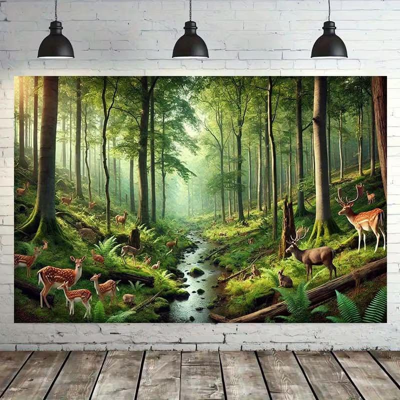 Serene Sunlit Forest Tapestry, Misty Woodland with Spotted Deer, Ferns and a Gentle Stream, Calming Nature Wall Art