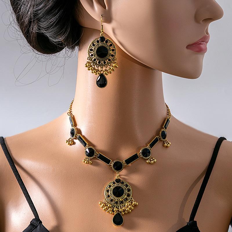 Retro Ethnic Feng Shui Drop Pendant Jewelry Set, Dinner Party Luxury Geometric Round Earrings Square Necklace