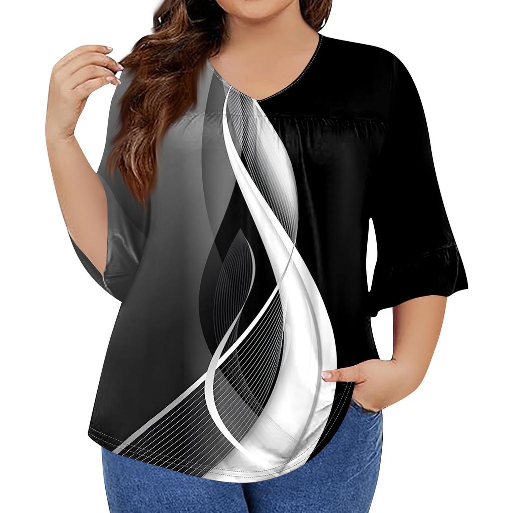 Women's Fashion Casual  Printed V-Neck Pleated Seven Minute Sleeve Ruffle Sleeve T-Shirt Plus Size Tops
