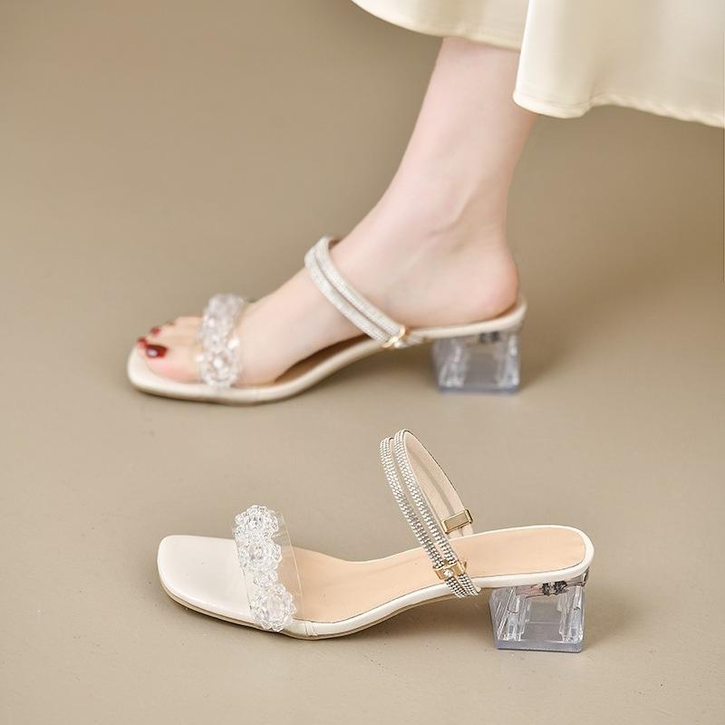 Fashion 2025 Summer New Arrival Women's Crystal Rhinestone Chunky Heel Sandals - Stylish Open Toe Mules for  Dresses & Casual Outfi