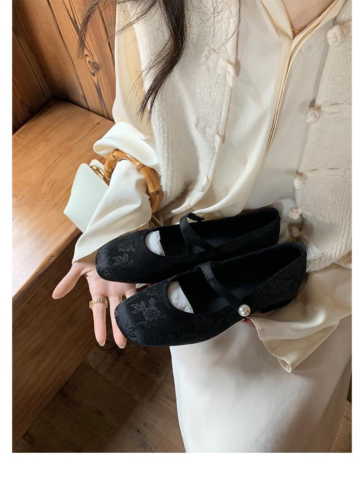 Fashion Flat Shoes for Women 2025 Spring and Autumn Pearl Square Toe Jacquard Mary Jane Women's Shoes