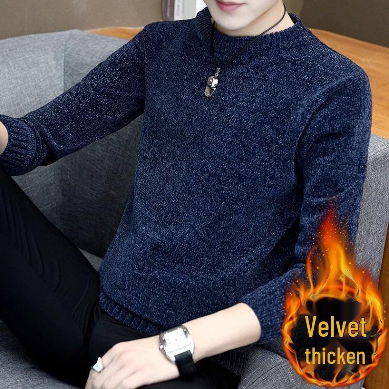 Men s Plush Chenille Sweater - Thick, Warm, Round Neck Knitted Top for Autumn/Winter XL темно-синий