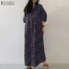 ZANZEA Women Floral Print Casual V-Neck 3/4 Sleeve Loose Long Dress