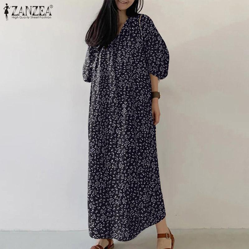ZANZEA Women Floral Print Casual V-Neck 3/4 Sleeve Loose Long Dress