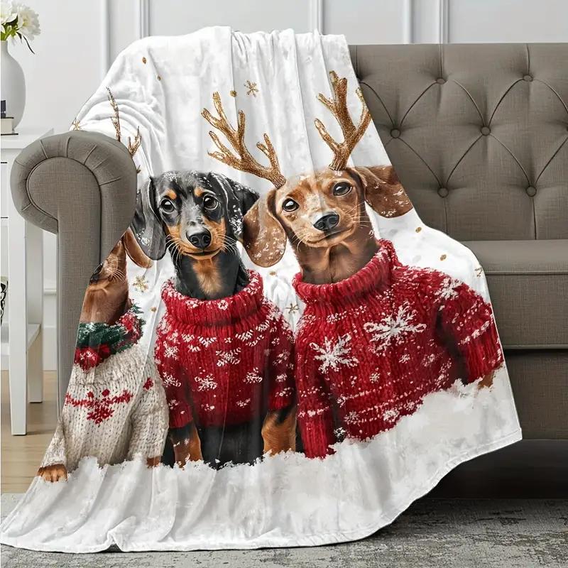 1 Christmas Dachshund Reindeer Horns Flannel Blanket - Cozy and Warm, Great for Sofa, Bed, Travel, Camping and Office Decoration