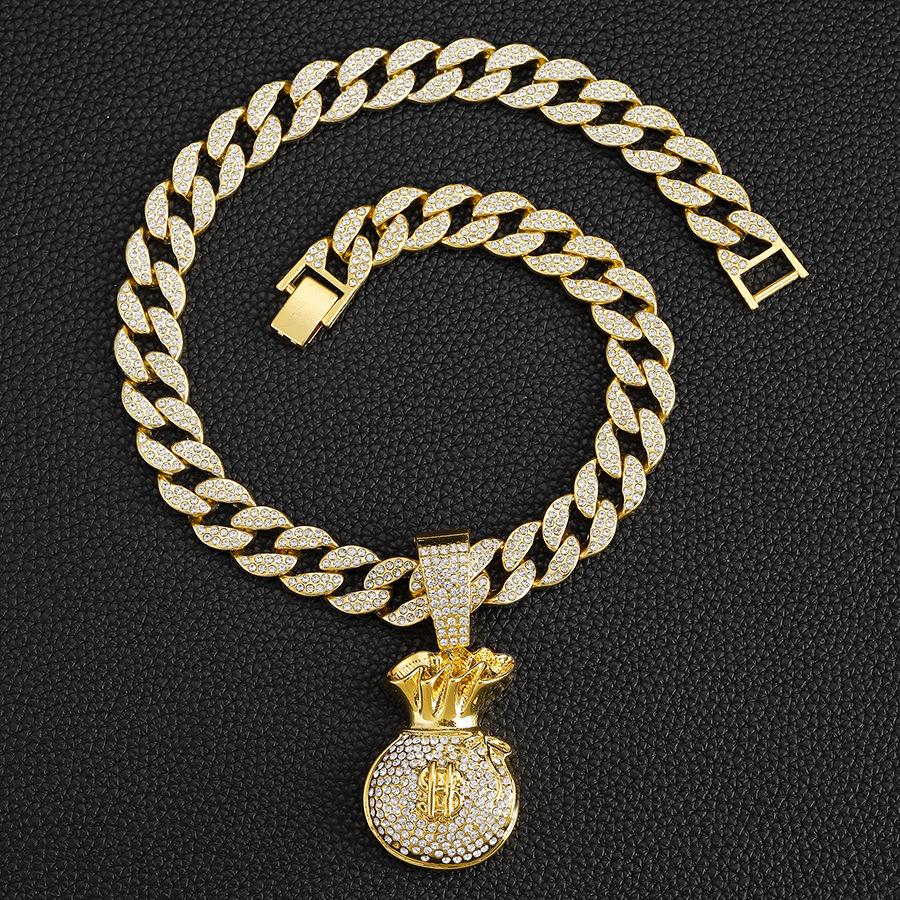 Hip Hop USD Full Diamond Personalized USD Symbol Money Bag Alloy Pendant Hip Hop Men's Cuban Chain Necklace