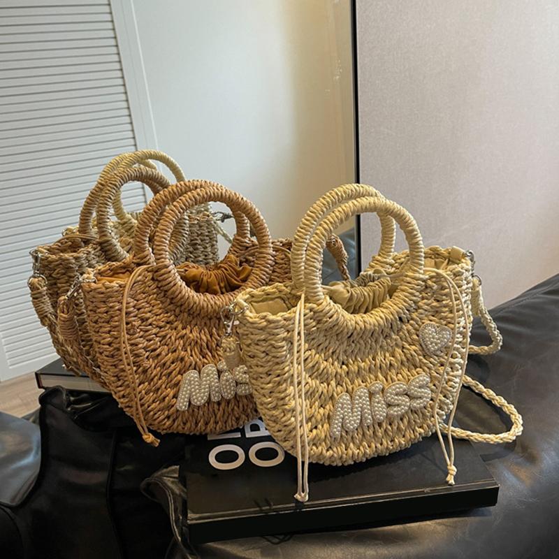 Yogodlns Women New Straw Handbags Woman Handmade Woven Basket Rattan Handbag For Femme Simple All-Match Handbag