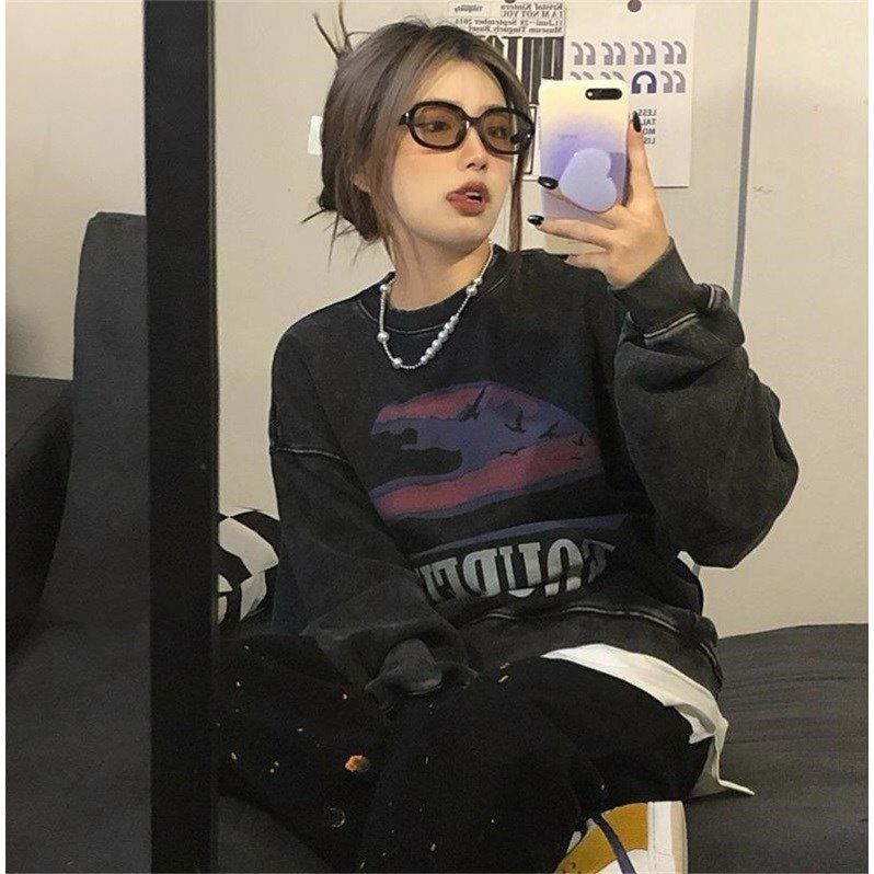 

Винтажные потертые толстовки, флисовая женская уличная одежда в стиле хип-хоп с круглым вырезом, свободная толстовка с длинными рукавами и графическим принтом, осень-зима XXL фиолетовый