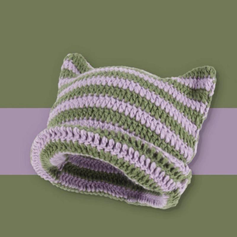 Autumn Winter Woolen Hat Japanese Devil Handmade Stripe Hat Female Cat Ear Warm Knit Pullover Hat Winter