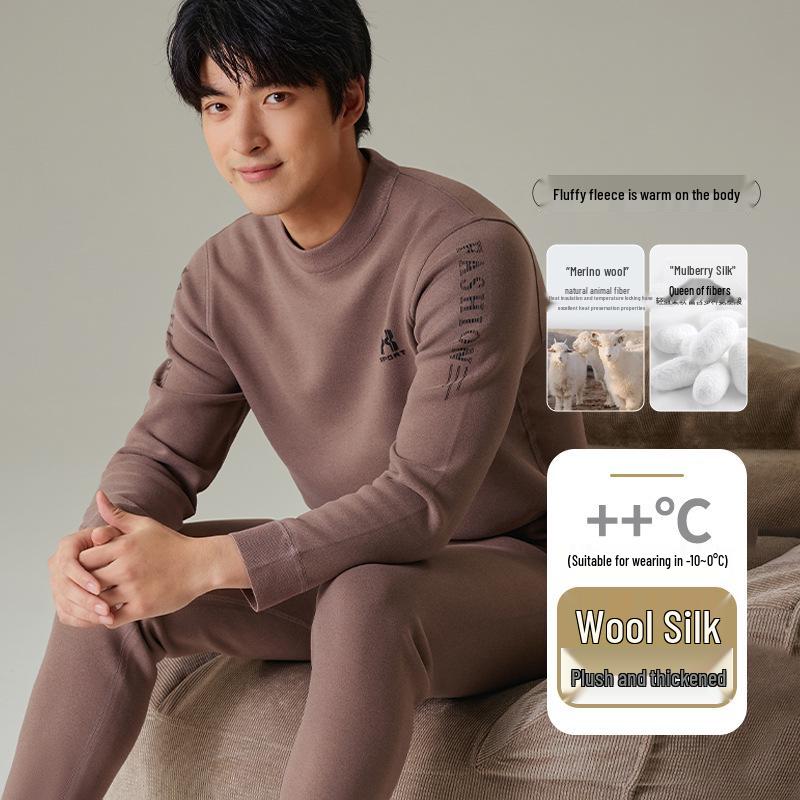 Men's Teen Fleece-Lined Thermal Set: Extra Thick Crew Neck Top & Trousers for Autumn/Winter Wear.