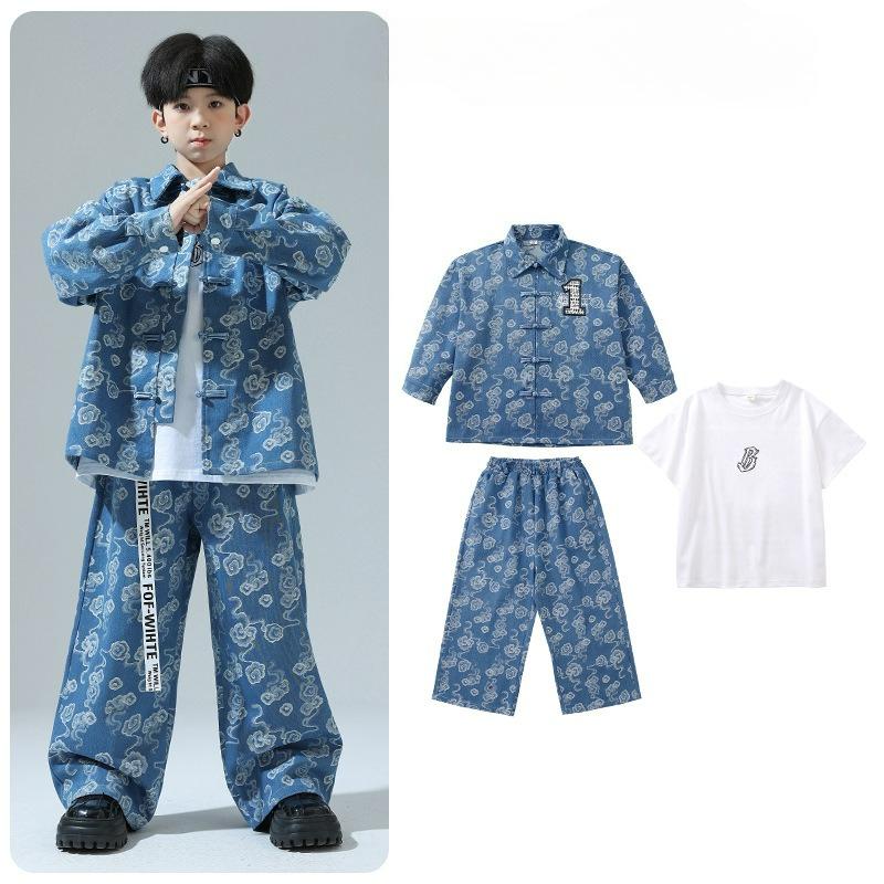 

Детские костюмы в китайском стиле хип-хоп, Детские персонализированные костюмы для джазовых танцев, Мальчиковые джинсовые костюмы в стиле хип-хоп с национальным колоритом 110