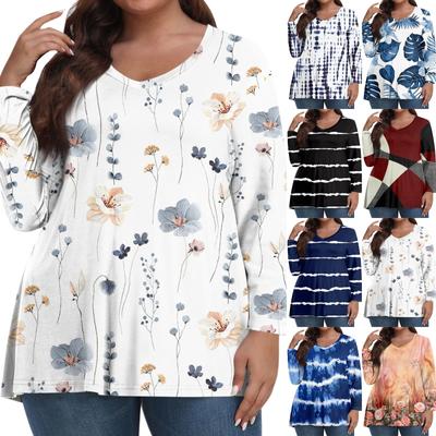 Womens Plus Size Tops Long Sleeve Print Shirts V Neck Casual Clothing Clothes Tops