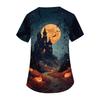 Women's V Neck Short Sleeve Work Shirt with Side Slits and Pockets Halloween Themed Printed Top Suitable for Casual and Professional Wear