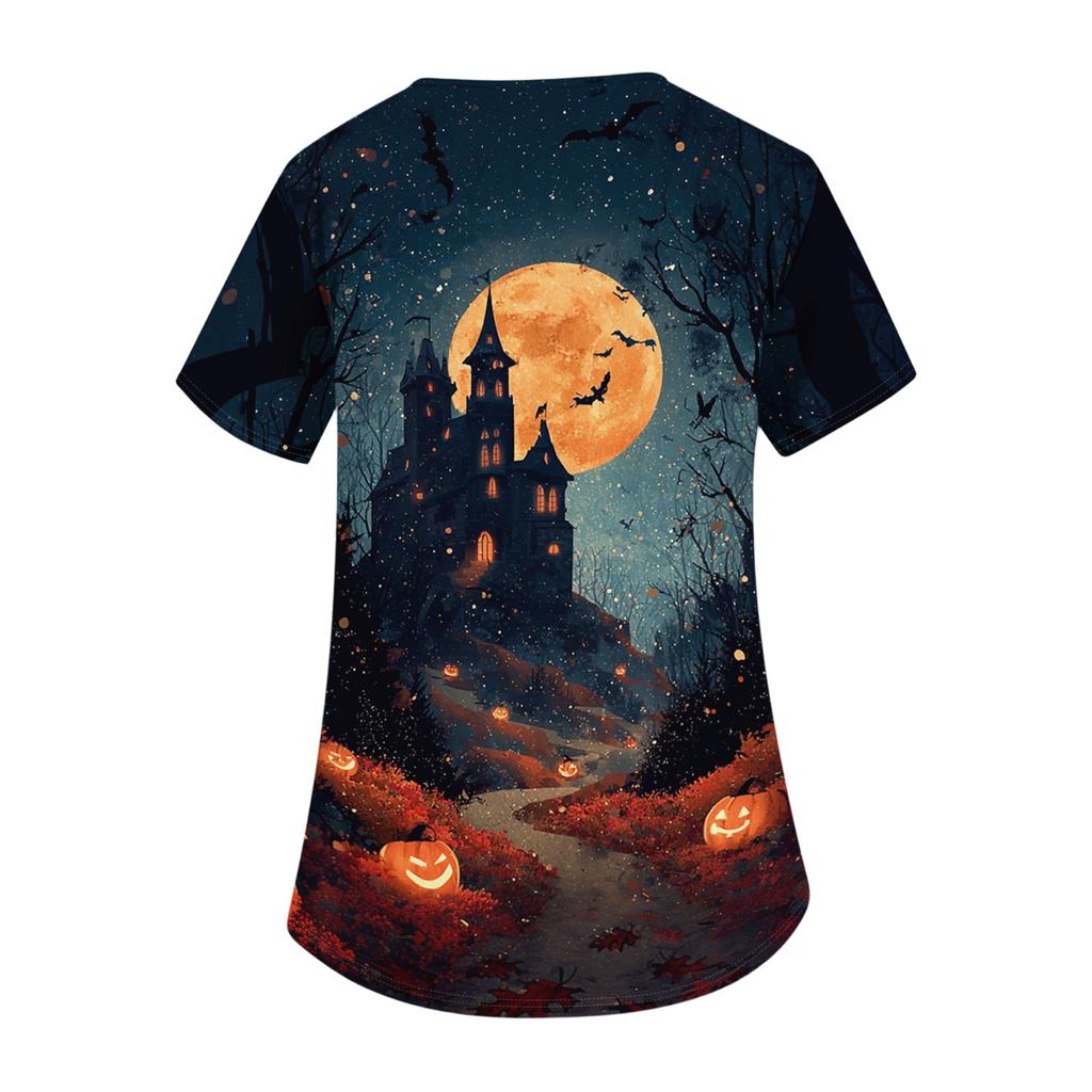Women's V Neck Short Sleeve Work Shirt with Side Slits and Pockets Halloween Themed Printed Top Suitable for Casual and Professional Wear