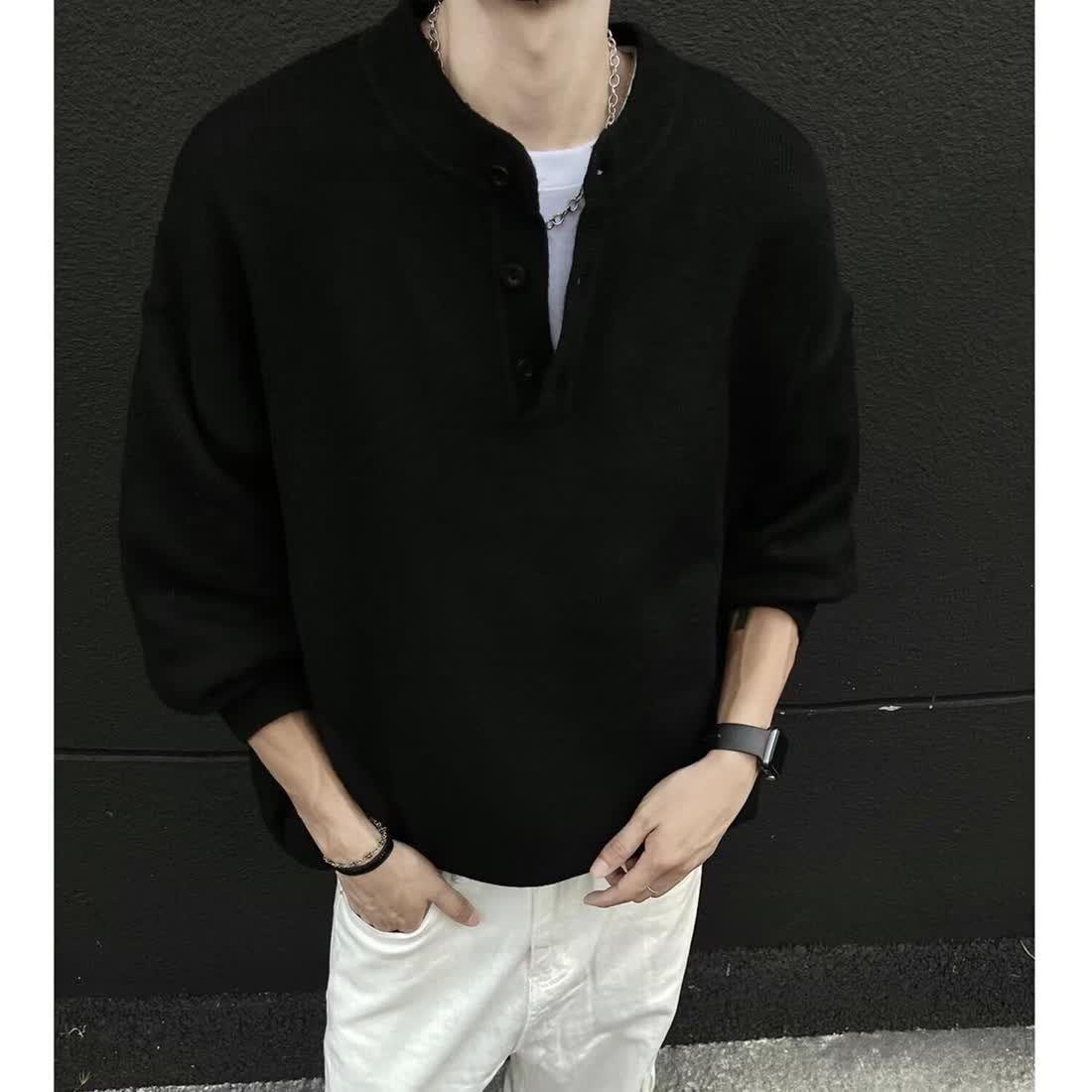 2025 Unisex American Retro Henley Sweater - Old Money Style with Lazy Vibe for Autumn/Winter L
