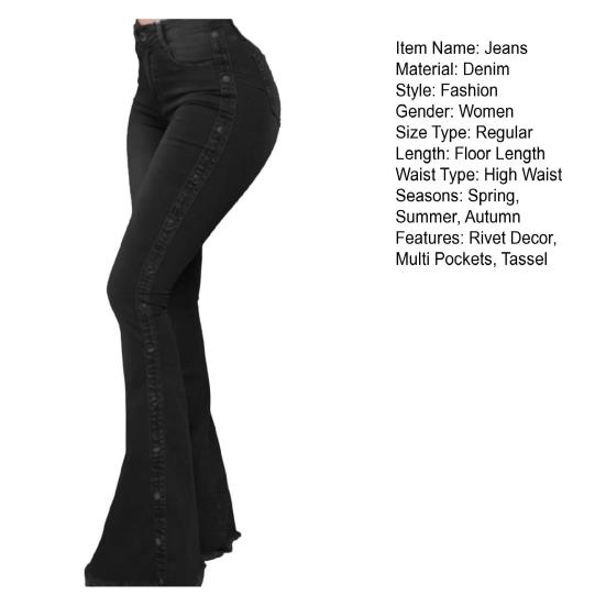 High Waist Multi Pockets Button Fly Hip Lifting Flare Jeans Washed Rivet Decor