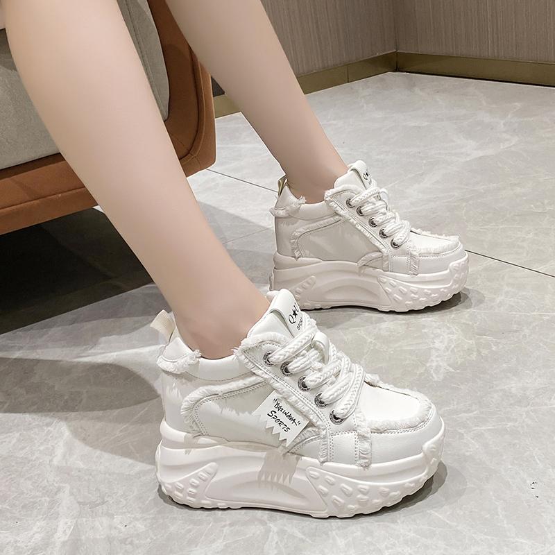 Modne Grube Trampki Damskie Jesienne Sznurowane Platforma Buty Sportowe 8CM Gruba Podeszwa Obcasy Damskie Skórzane Trampki Kobieta