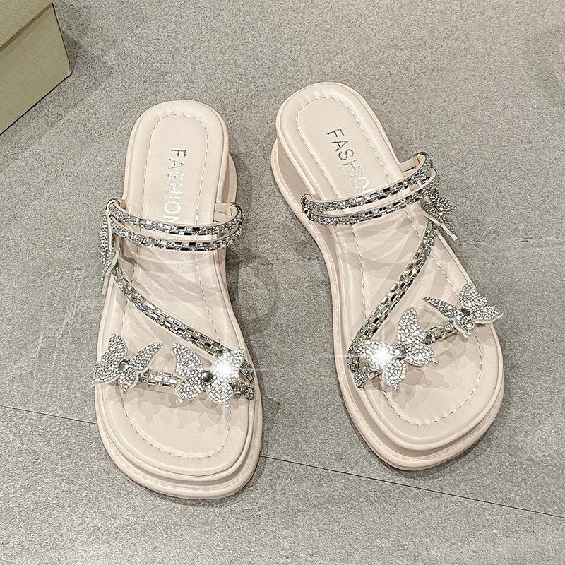 Premium slippers women's outer wear 2025 spring new fashion two wear thick bottom heightening rhinestone cool slippers
