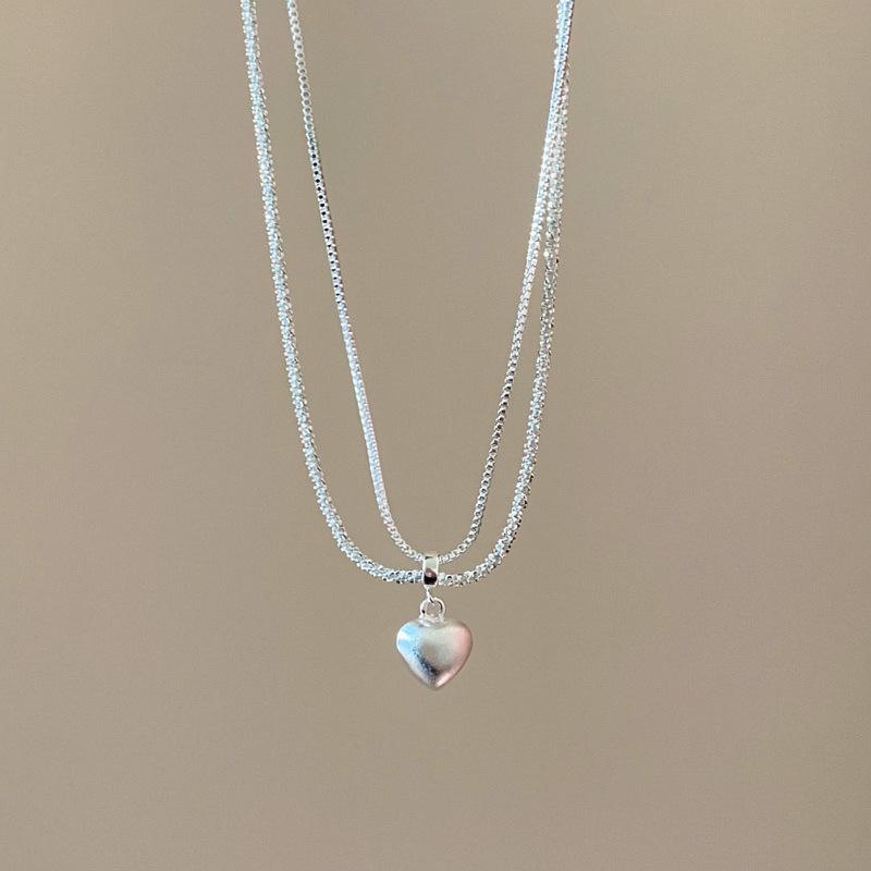 Brushed Double Layer Heart Pendant Necklace – Elegant Clavicle Chain for Women